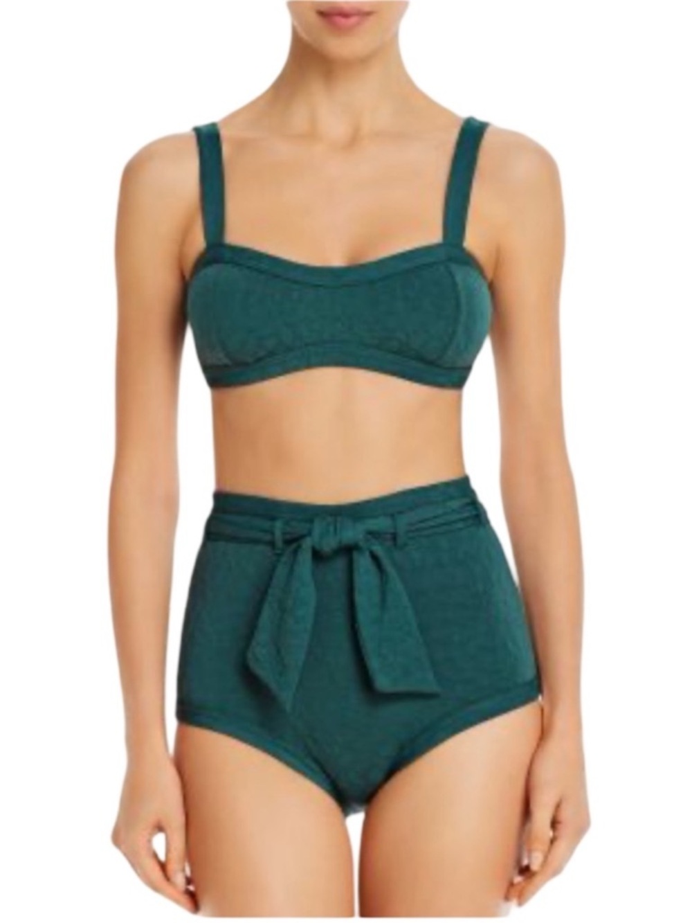 Peony Jacquard Textured Bikini Set Size 12 Lagoon Green High Waist Belted Bottom
